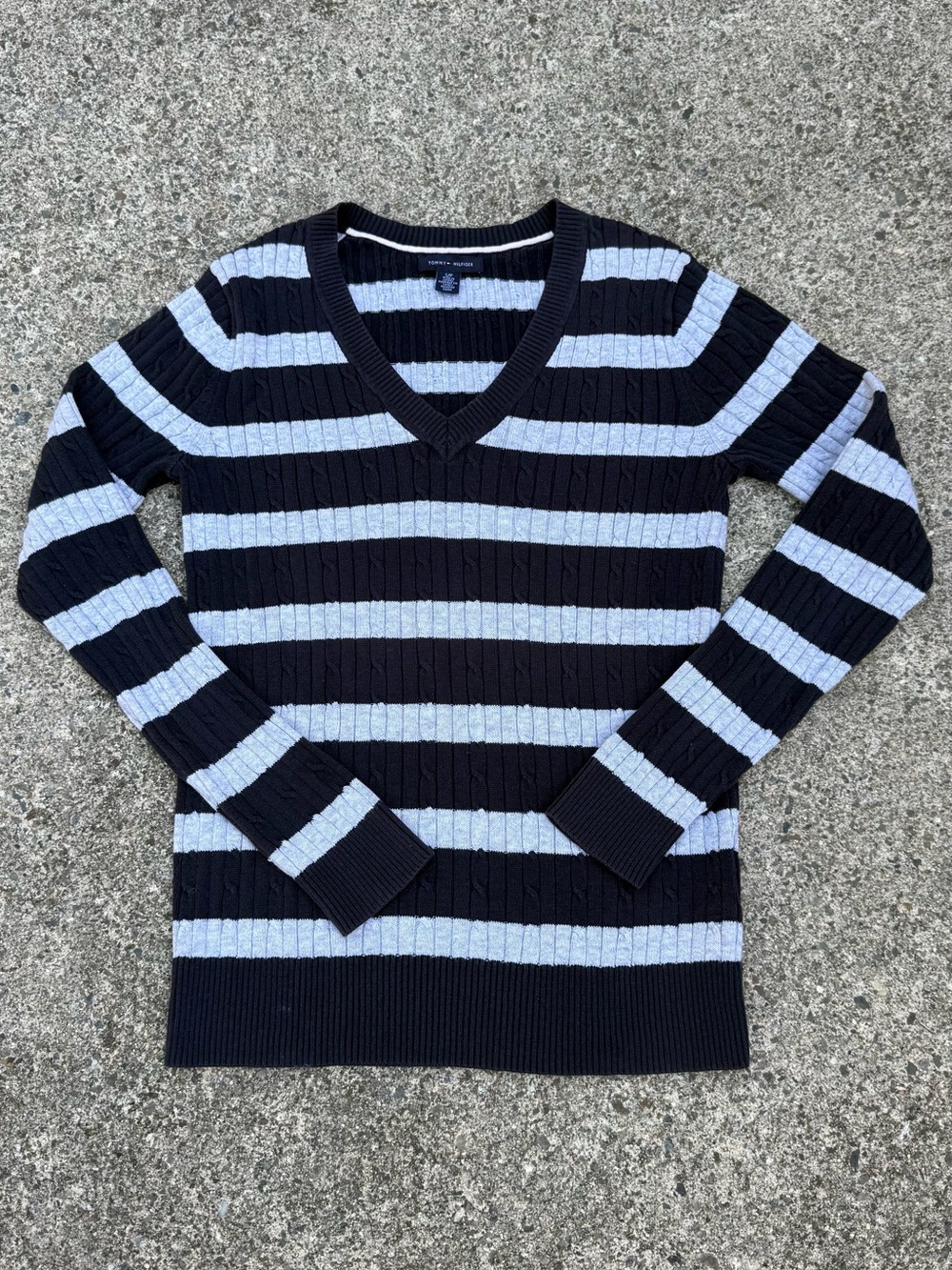 Tommy Hilfiger Black & Grey Striped Cable Knit V-Neck Sweater | Small